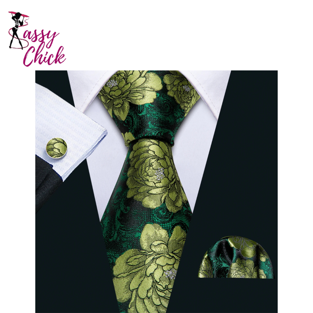 Woven Green Flower Jacquard Necktie Pocket Square Cufflinks Set Sassy Chick Logo