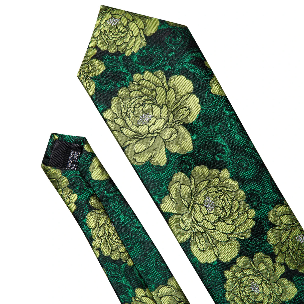 Woven Green Flower Jacquard Necktie Pocket Square Cufflinks Set