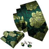 Woven Green Flower Jacquard Necktie Pocket Square Cufflinks Set