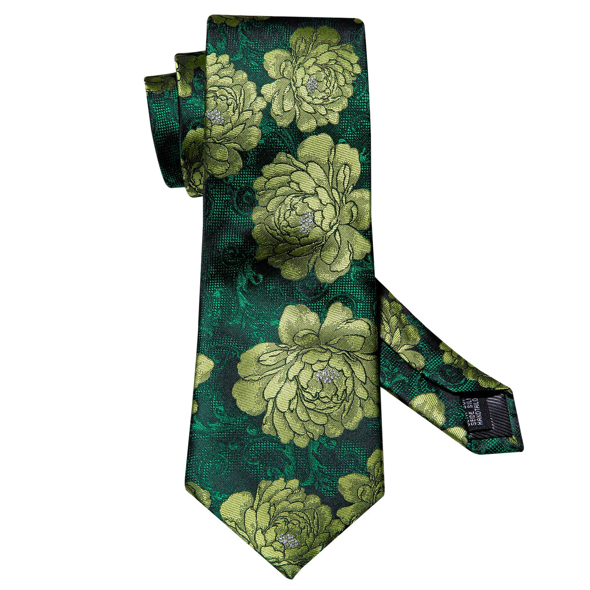 Woven Green Flower Jacquard Necktie Pocket Square Cufflinks Set