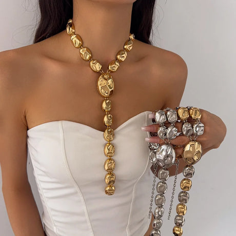 Model Using Y-shaped Long Irregular Iron Metal  Chunky Geometric Necklaces