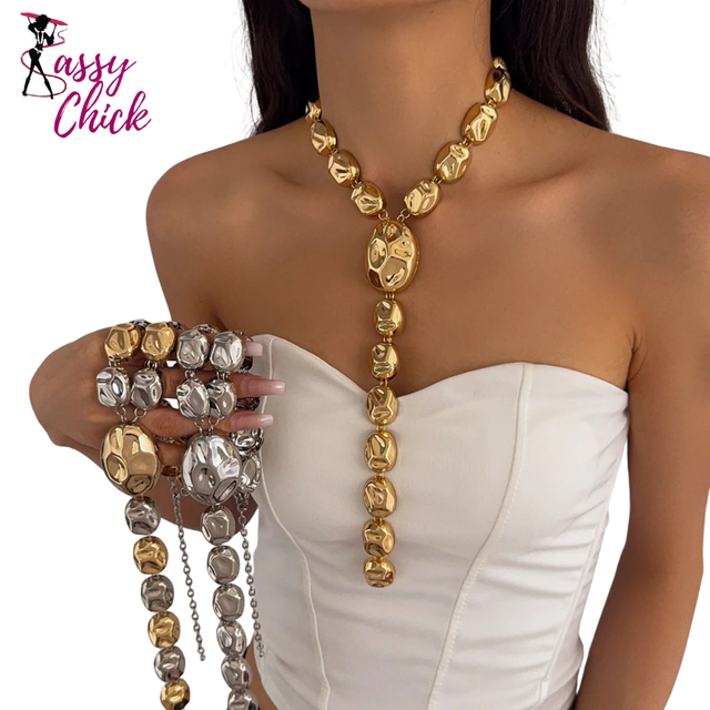 Y-shaped Long Irregular Iron Metal  Chunky Geometric Necklaces Sassy Chick Logo