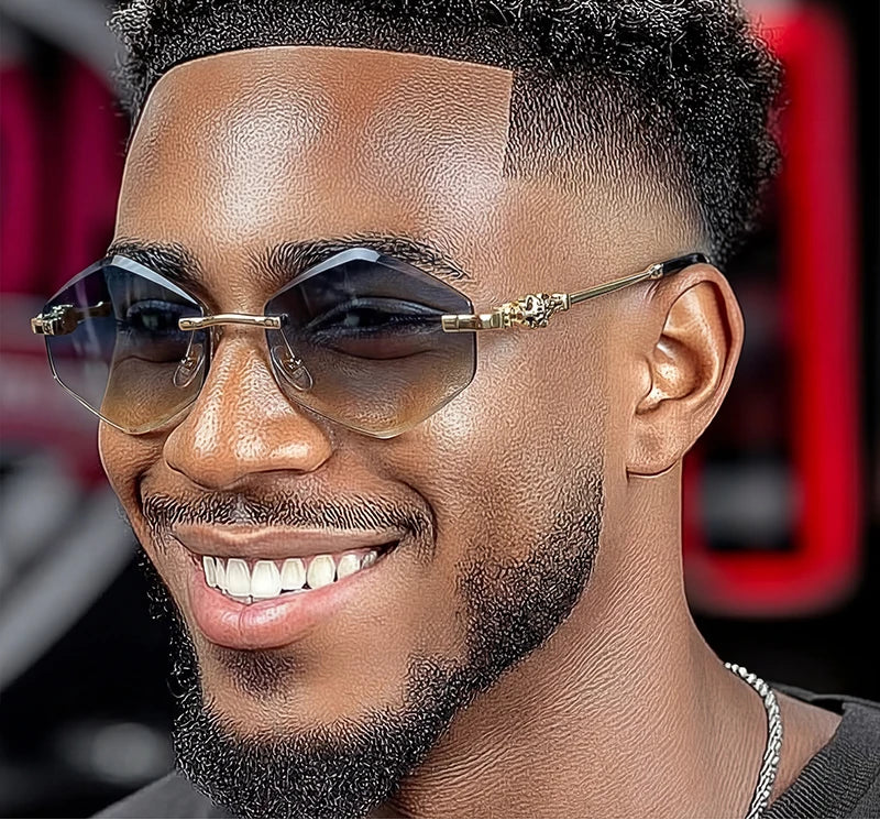 Model Using Y2K Punk Rimless Hexagon Sunglasses
