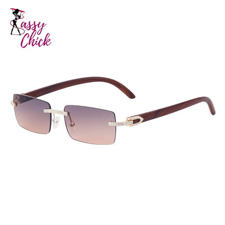 Y2K Punk Wood Grain Frameless Diamond Rectangle Sunglasses Sassy Chick Logo