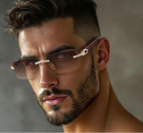 Model Using Y2K Punk Wood Grain Frameless Diamond Rectangle Sunglasses