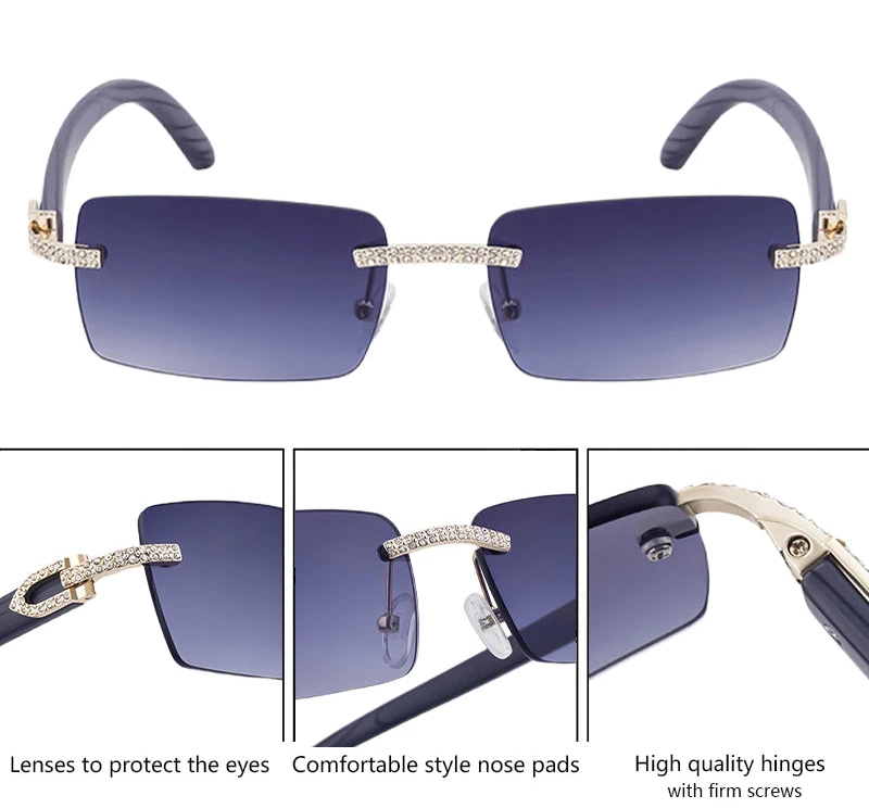 Details of Y2K Punk Wood Grain Frameless Diamond Rectangle Sunglasses