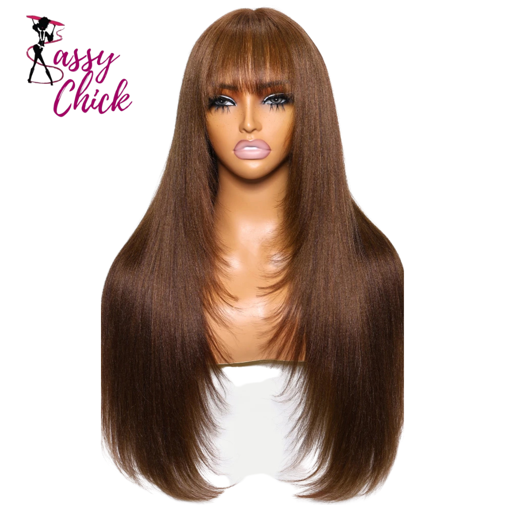 Yaki Straight Brown Color Human Hair Wig With Bangs Sassy Chick Logo