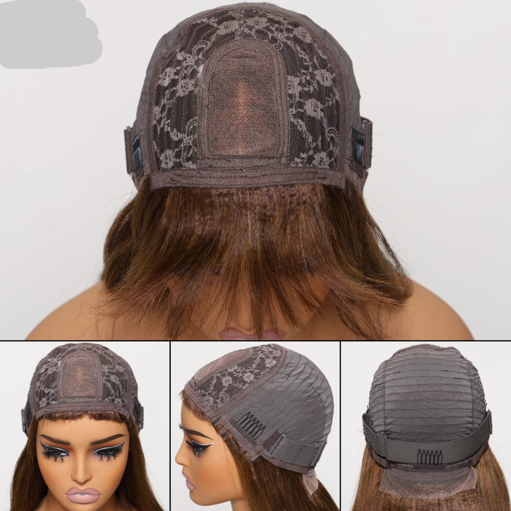 Yaki Straight Brown Color Human Hair Wig With Bangs cap