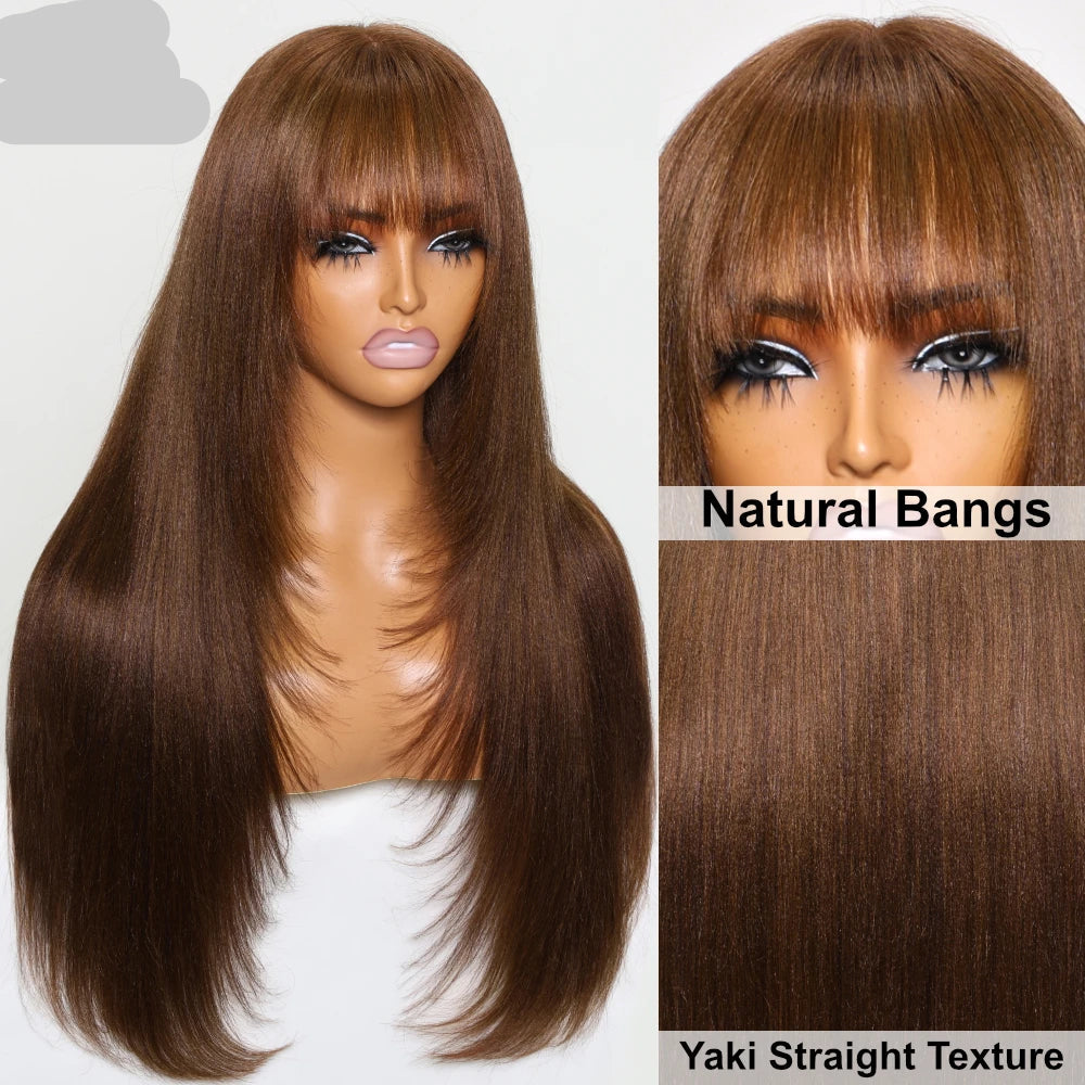 Yaki Straight Brown Color Human Hair Wig With Bangs ash brown
