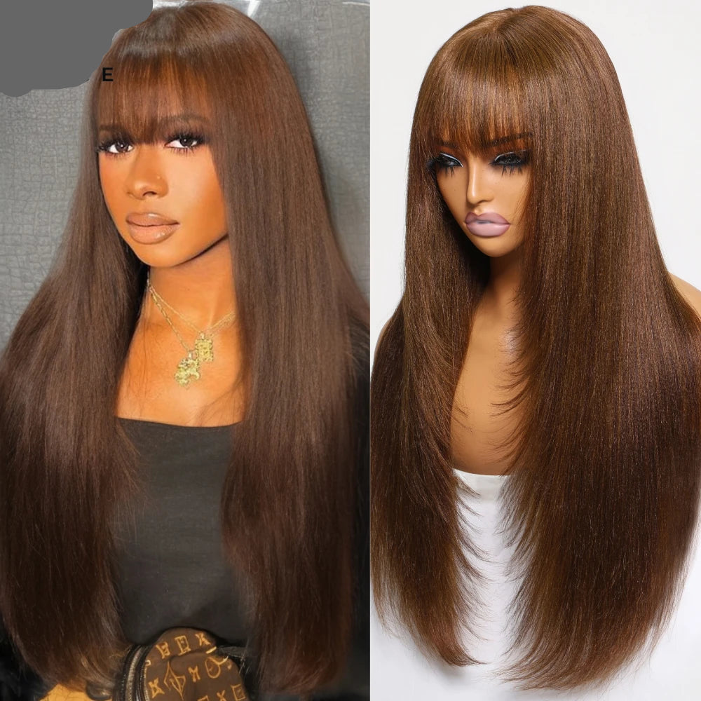 Yaki Straight Brown Color Human Hair Wig With Bangs ash brown