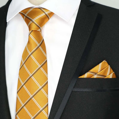 Yellow Color Plaids Stripes Jacquard Handkerchief Necktie