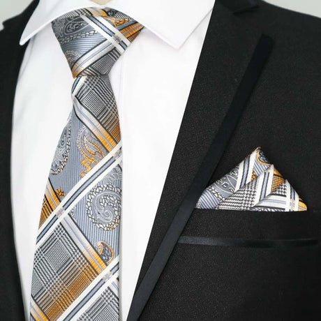 Gray Yellow Color Plaids Stripes Jacquard Handkerchief Necktie