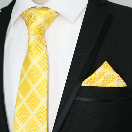 Yellow Color Plaids Stripes Jacquard Handkerchief Necktie