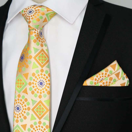 Yellow Color Plaids Stripes Jacquard Handkerchief Necktie