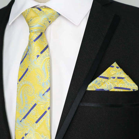 Yellow Color Plaids Stripes Jacquard Handkerchief Necktie