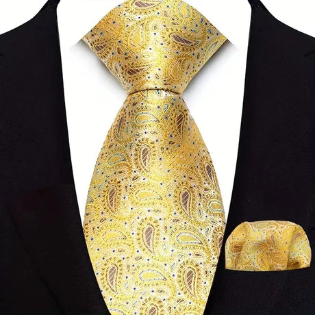 Yellow Paisley Solid Stripes High Quality Necktie