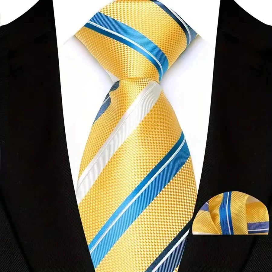 Yellow Paisley Solid Stripes High Quality Necktie