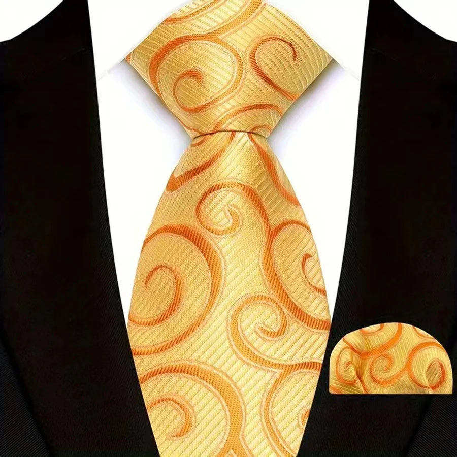 Yellow Paisley Solid Stripes High Quality Necktie