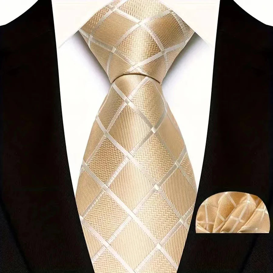 Beige Yellow Paisley Solid Stripes High Quality Necktie