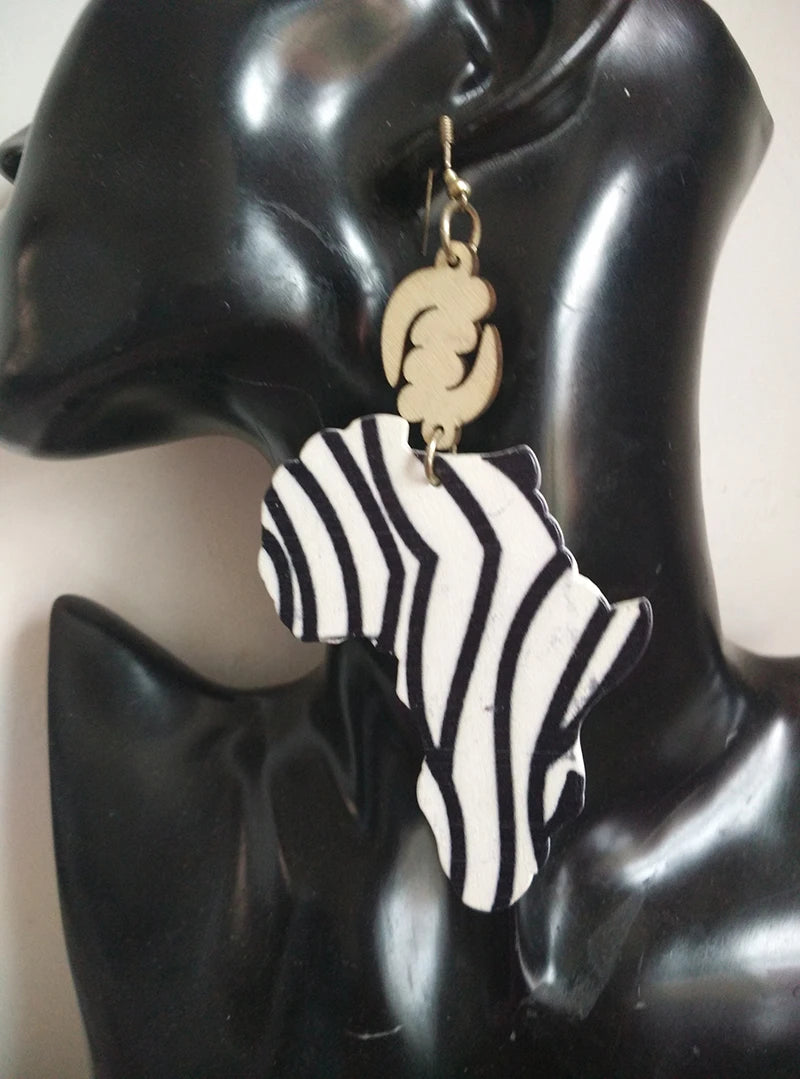 Zebra Printing African Map Wooden earrings
