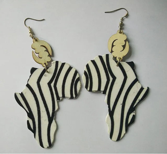 Zebra Printing African Map Wooden earrings