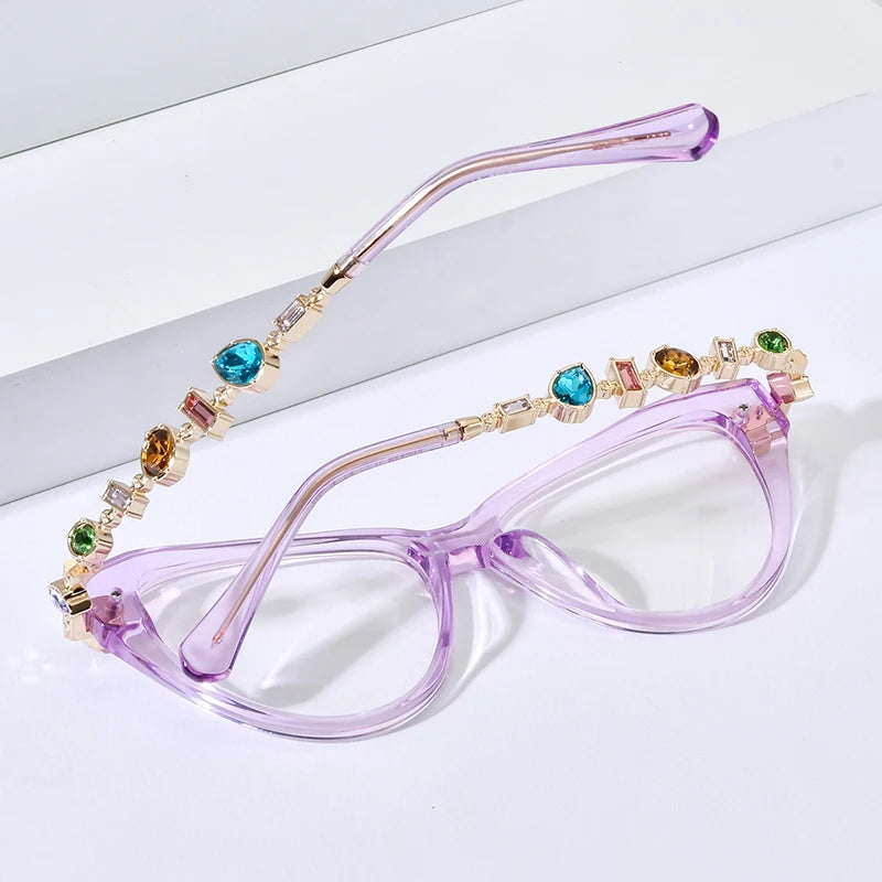 Women wearing acetate metal diamond cat eye fashion eyeglasses frame