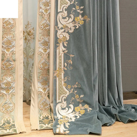 Blue Velvet Embroidered Blackout Curtains