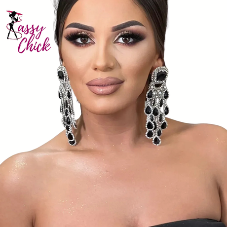 Black Crystal Tassel Earrings Sassy Chick