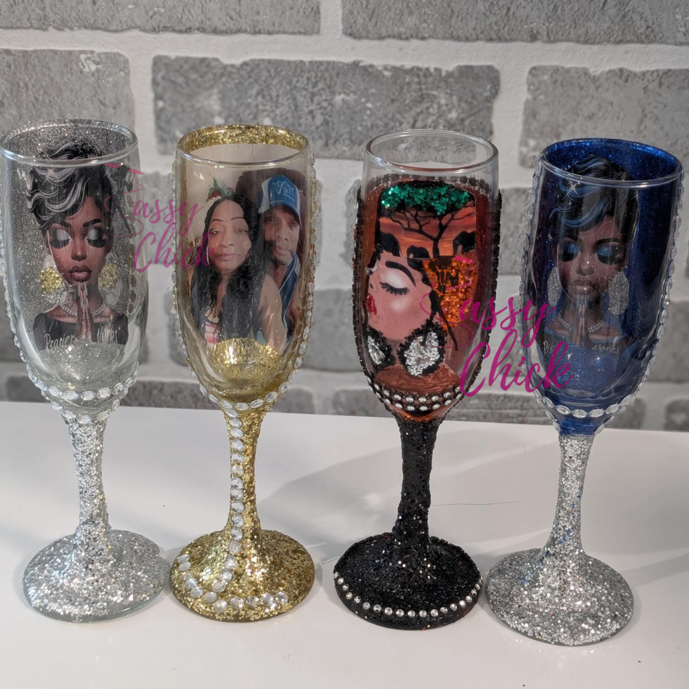 Customized wine flute glass with glitter and rhinestones, personalized champagne glass for weddings, birthdays, and special events.