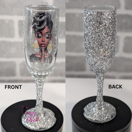 Customized silver wine flute glass with glitter and rhinestones, personalized champagne glass for weddings, birthdays, and special events.