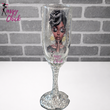 Customized silver wine flute glass with glitter and rhinestones, personalized champagne glass for weddings, birthdays, and special events.