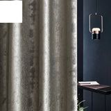 Silver jacquard luxury blackout curtains hanging in a modern living room