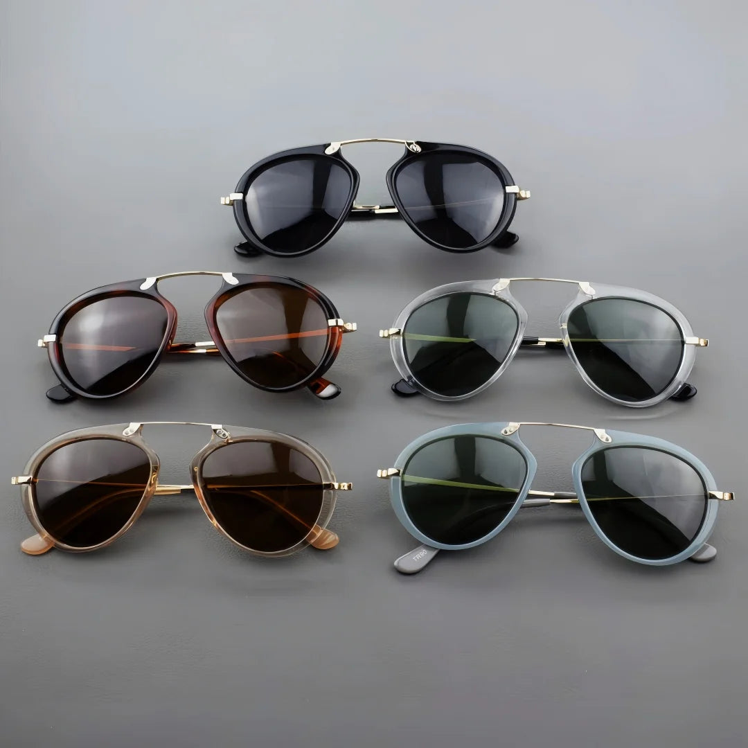Men and women wearing geometric polarized sunglasses with acetate metal frame
