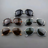 Men and women wearing geometric polarized sunglasses with acetate metal frame