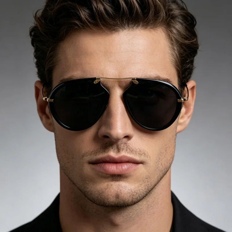 Man wearing geometric polarized sunglasses with acetate metal frame
