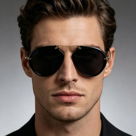 Man wearing geometric polarized sunglasses with acetate metal frame