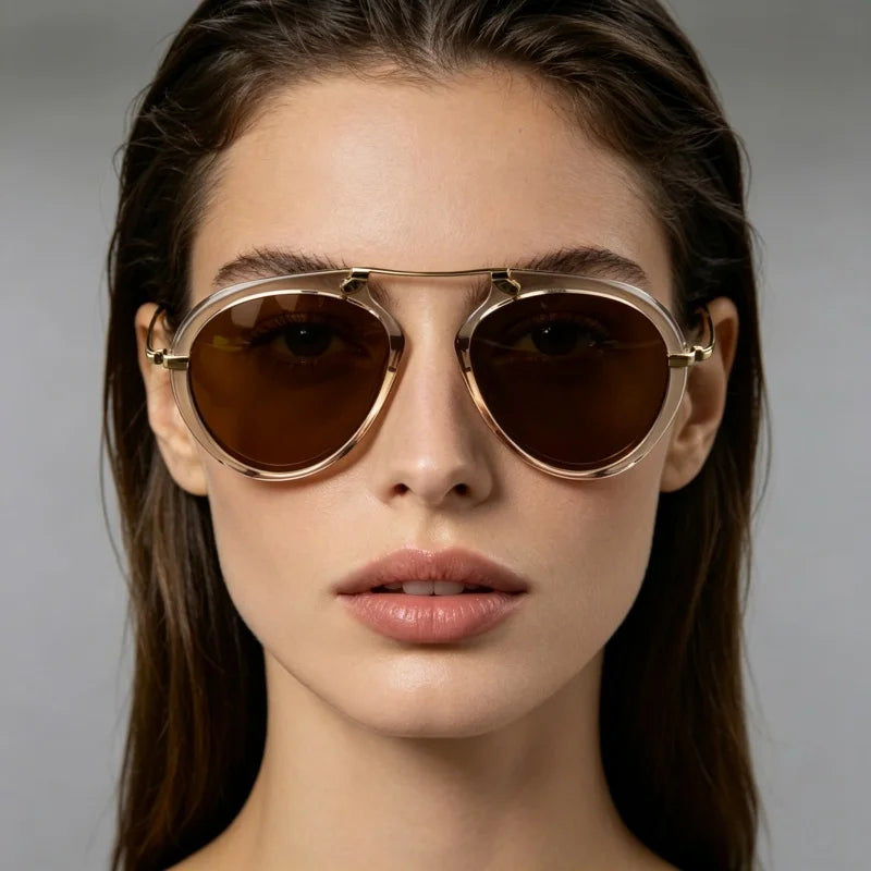 woman wearing geometric polarized sunglasses with acetate metal frame