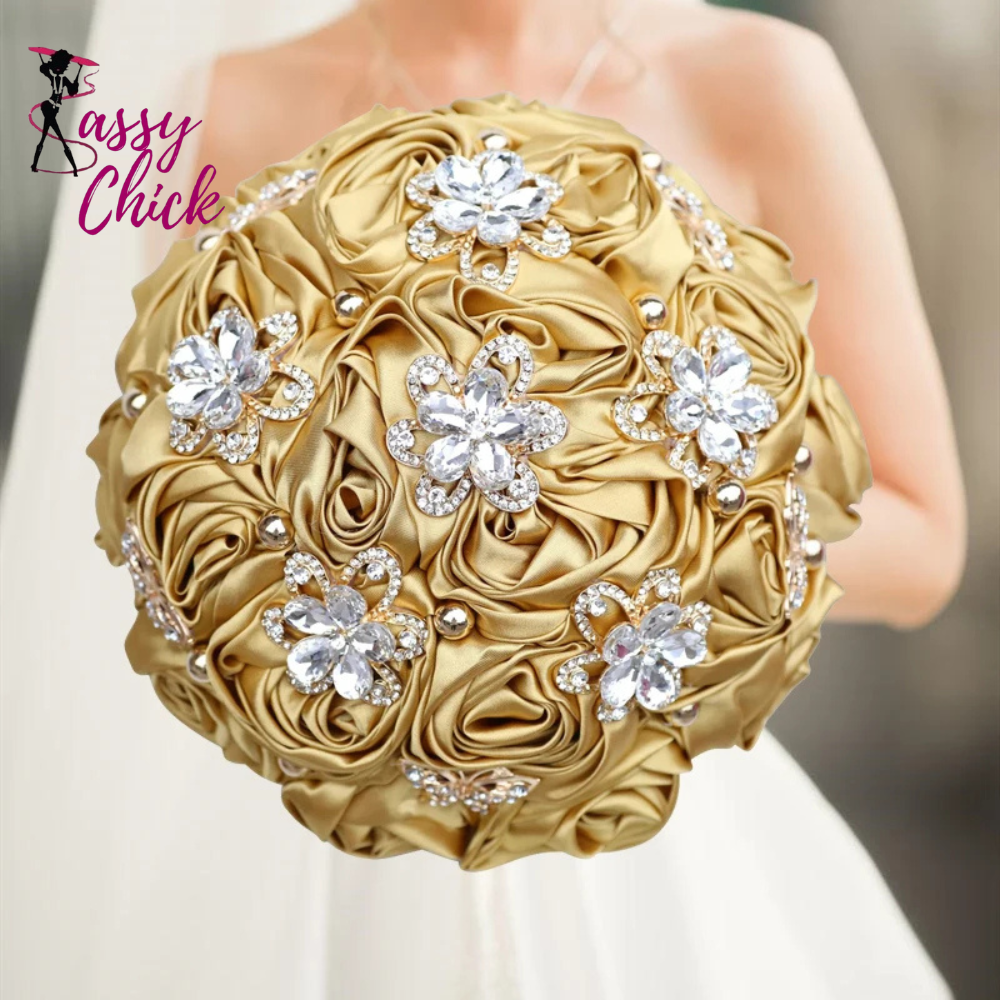 Gold Bridal Satin Rose Artificial Flowers Wedding Bouquet Sassy Chick