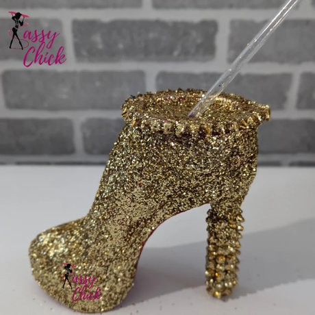 Gold Spiky Stiletto Heel Tumbler Cup Sassy Chick Logo