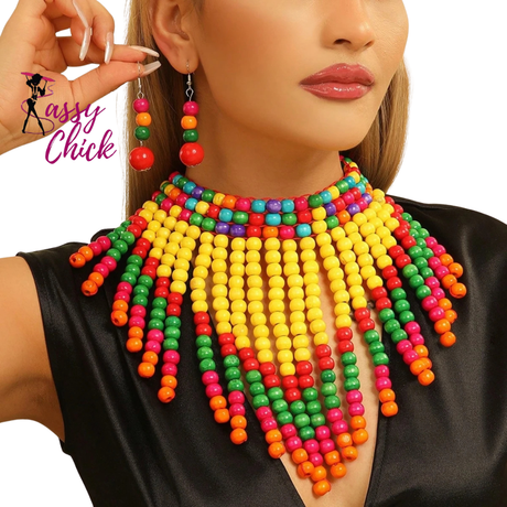 Handmade Retro Ethnic Wooden Bead Necklace And Earrings Sassy Chick