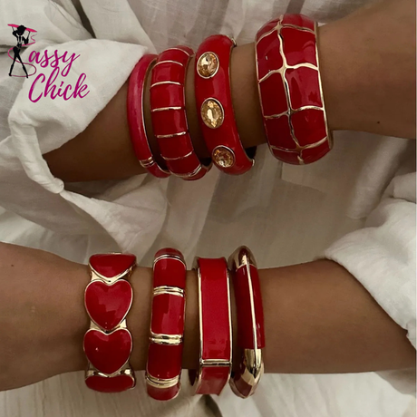Irregular Geometric Rhinestone Red Imitation Enamel Bangle Sassy Chick