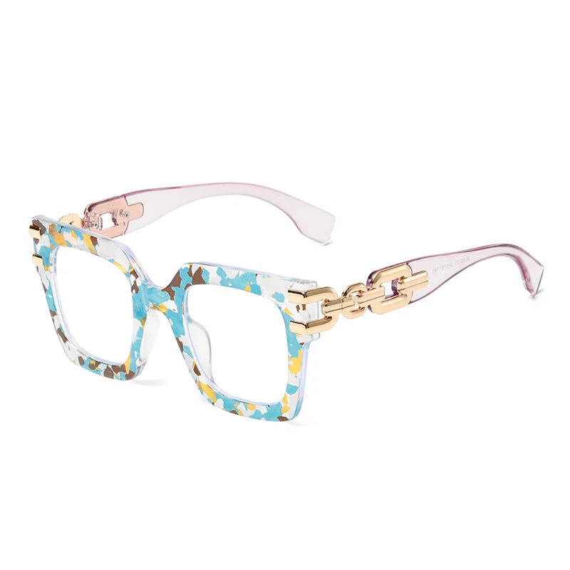 Women's large frame blue light glasses with gold chain detail