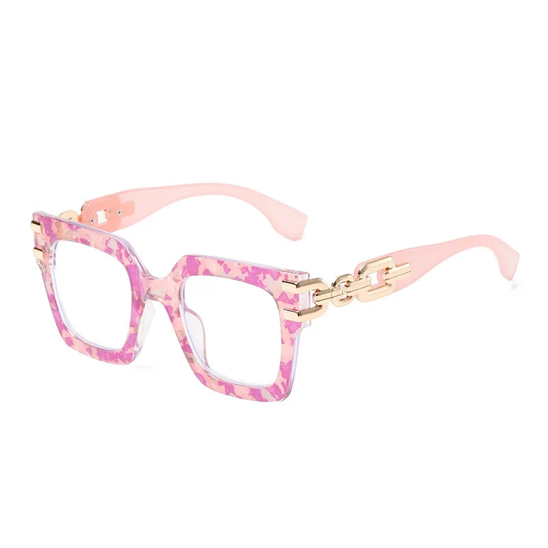 Women's large frame blue light glasses with gold chain detail