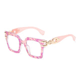 Women's large frame blue light glasses with gold chain detail