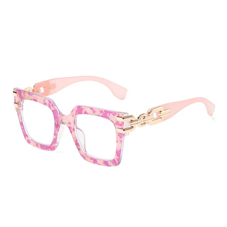 Women's large frame blue light glasses with gold chain detail