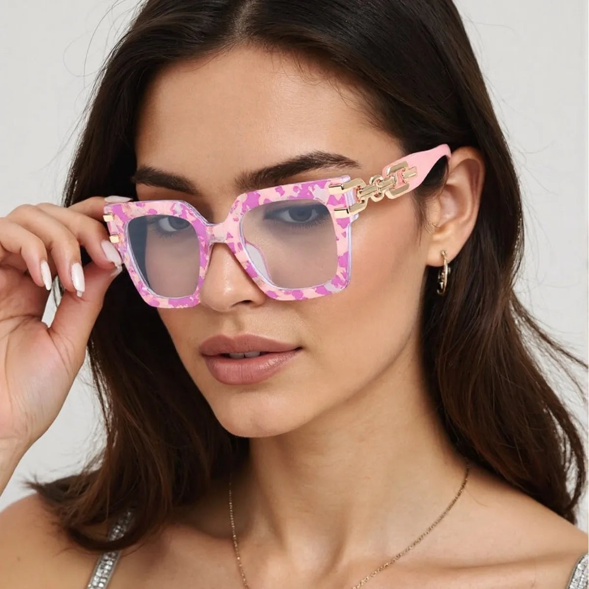 Women's large frame blue light glasses with gold chain detail