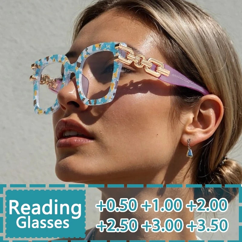Women's large frame blue light glasses with gold chain detail