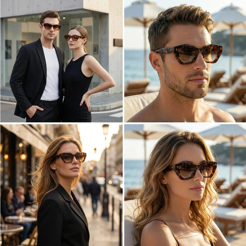 Men and women wearing leopard print polygon sunglasses with acetate frame UV400 lenses