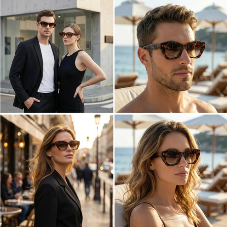 Men and women wearing leopard print polygon sunglasses with acetate frame UV400 lenses