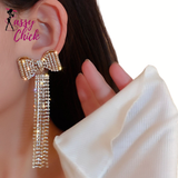 Long Tassel Bowknot Rhinestone Drop Earrings Sassy Chick